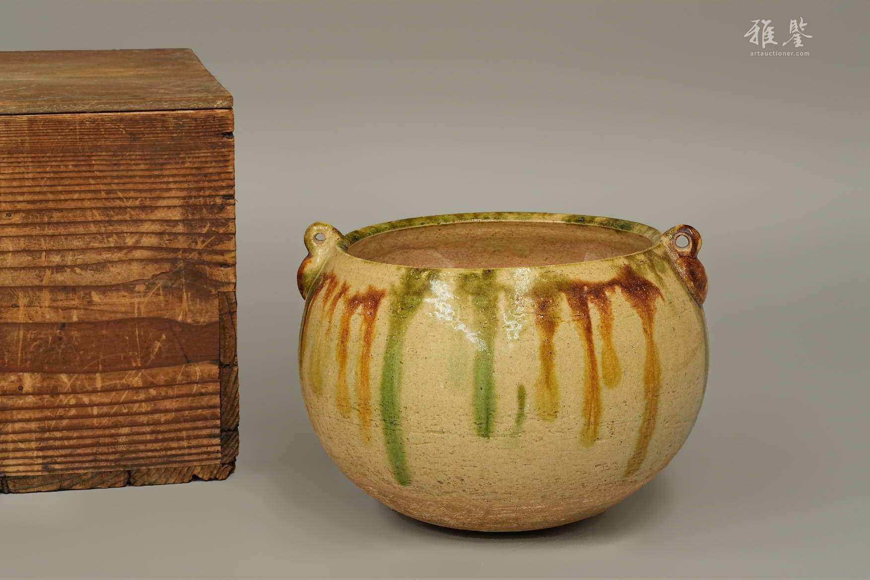 唐三彩 兔耳壶 日本桐箱附 本物保证